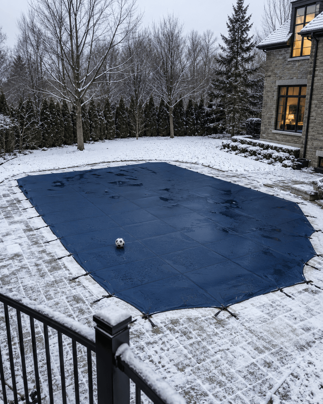 Winter Pool Safety Cover Inground backyard swimming pool secured with a taut navy blue mesh safety cover after fresh snowfall, viewed from an elevated deck. A soccer ball rests on the cover, with snow-covered patio, bare maple trees, cedar hedges and a stone home with warm lit windows in the background.